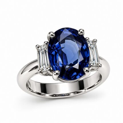 Anello in oro bianco con zaffiro centrale e diamanti taglio smeraldo