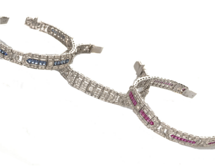 Bracciali in stile Decò con diamanti, zaffiri e zaffiri rosa