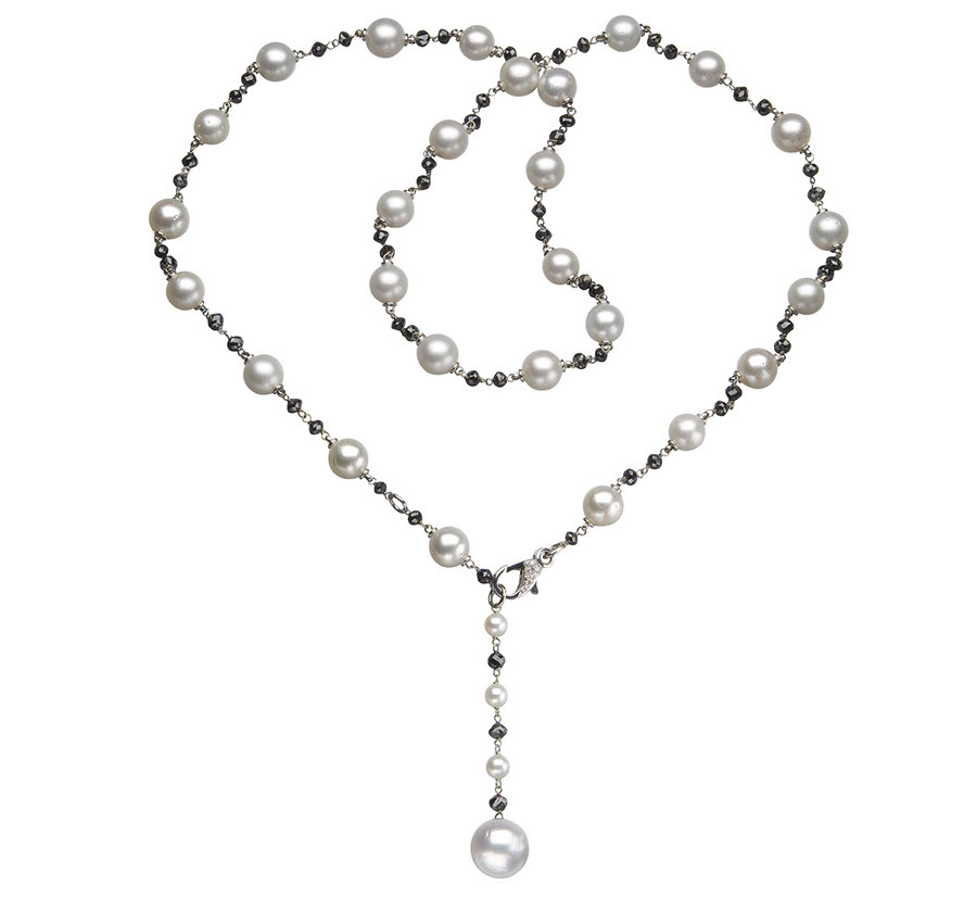 Collana in oro bianco 18 carati con perle, diamanti neri e bianchi Collana in oro bianco 18 carati con perle, diamanti neri e bianchi