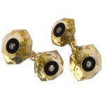 Gemelli in oro giallo con topazio giallo disco in onice e diamanti