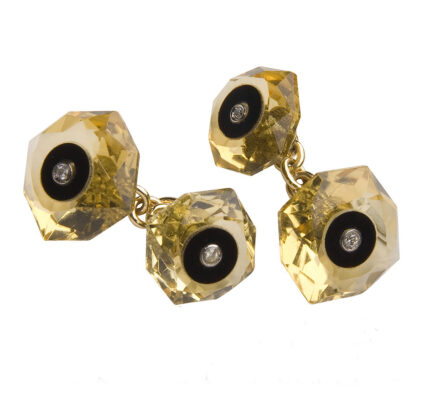 Gemelli in oro giallo con topazio giallo disco in onice e diamanti