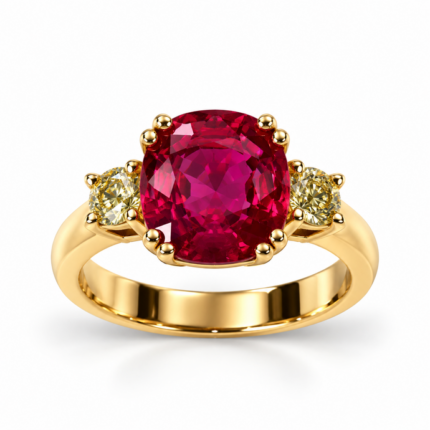 Anello in oro giallo 18 carati, rubino naturale del Mozambico e diamanti fancy yellow