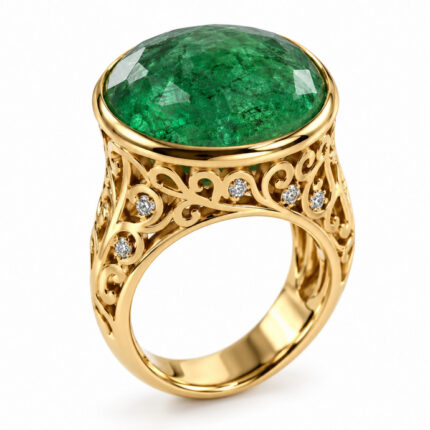 Anello in oro giallo con importante smeraldo e piccoli diamanti