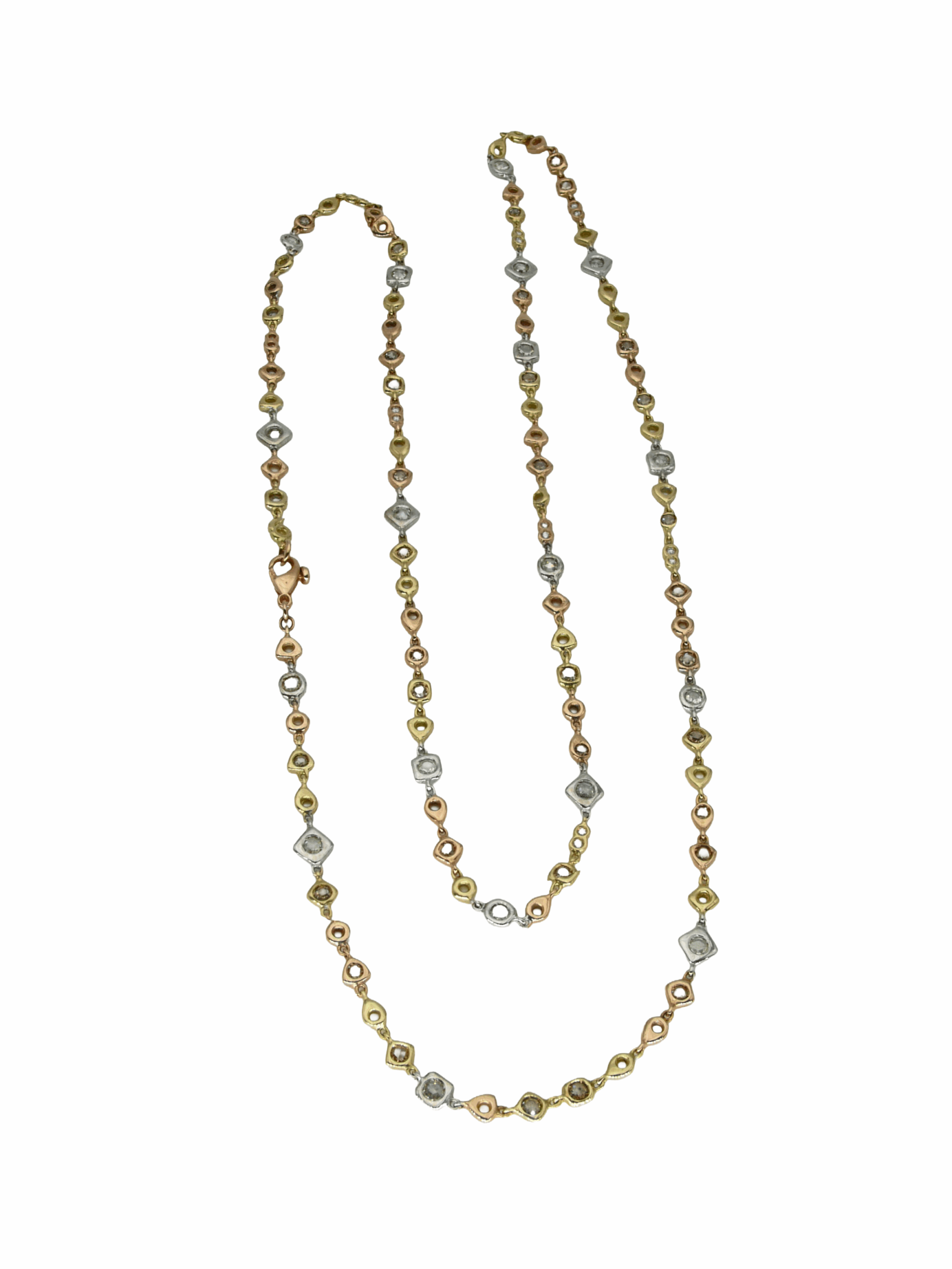 Collana in oro giallo, rosa e bianco 18 carati con diamanti bianchi taglio a brillante e diamanti gialli e brown tagliati a rosetta Collana in oro giallo, rosa e bianco 18 carati con diamanti bianchi taglio a brillante e diamanti gialli e brown tagliati a rosetta