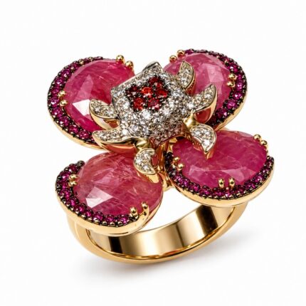 Anello in oro giallo con zaffiri rosa, diamanti e rubini