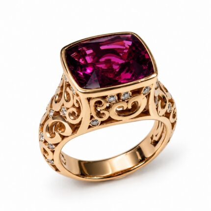 Anello in oro rosa con rubellite e diamanti bianchi