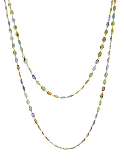 Collana lunga in oro giallo 18 carati con zaffiri multicolor