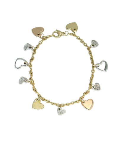 Bracciale in oro giallo con ciondoli a forma di cuore e diamanti bianchi